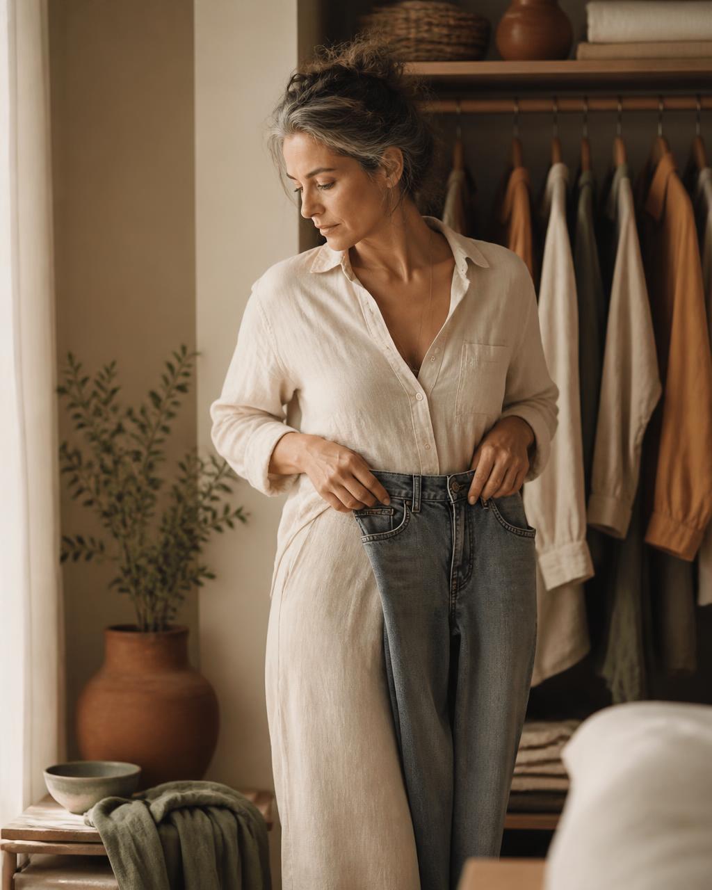 Mulher 45+ diante do guarda-roupa segurando uma calça jeans, refletindo sobre o ciclo de recomeçar